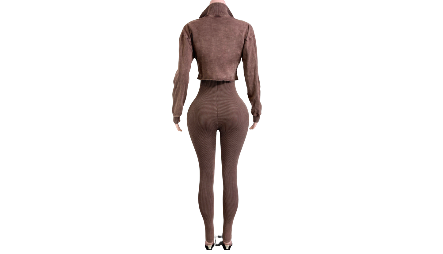 "Pre-Order" Brown Two-Piece Jumpsuit & Jacket Set