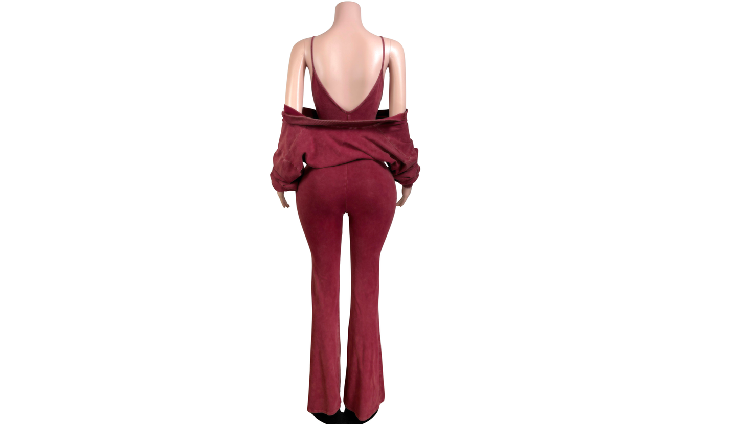 "Pre-Order" Red Wine Two-Piece Jumpsuit & Zip-Up Jacket Set