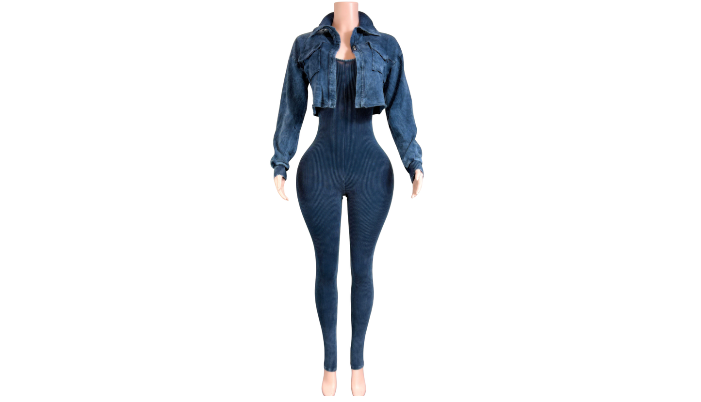 "Pre-Order" Blue Two-Piece Jumpsuit & Jacket Set