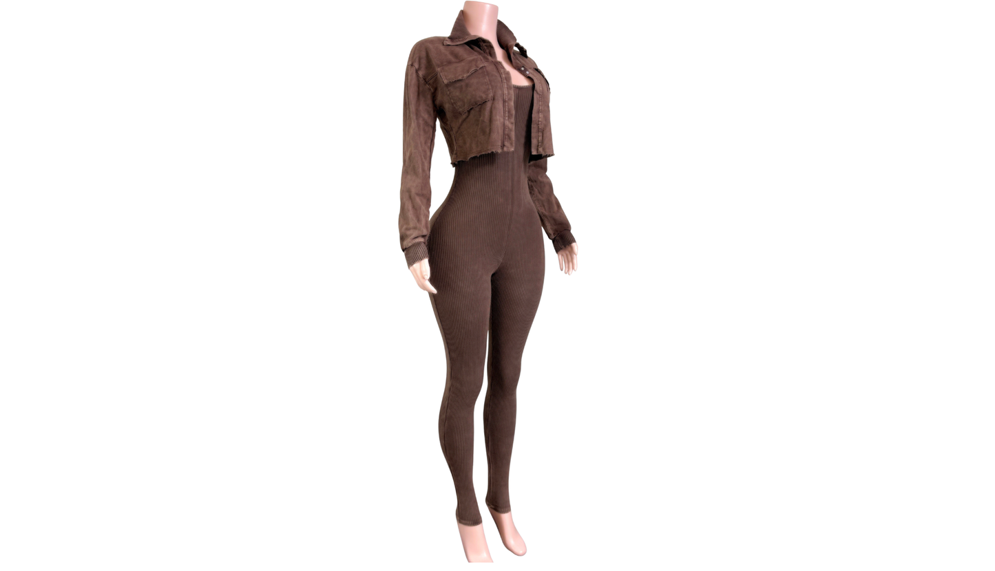 "Pre-Order" Brown Two-Piece Jumpsuit & Jacket Set