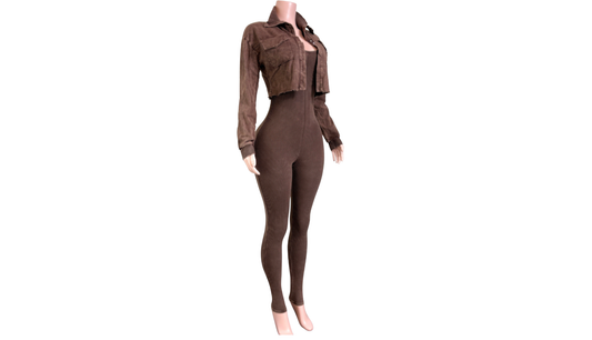 "Pre-Order" Brown Two-Piece Jumpsuit & Jacket Set