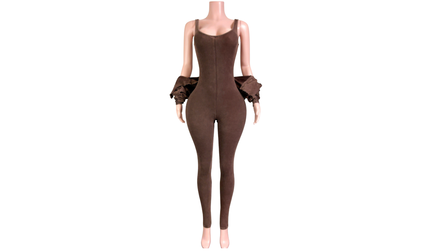 "Pre-Order" Brown Two-Piece Jumpsuit & Jacket Set