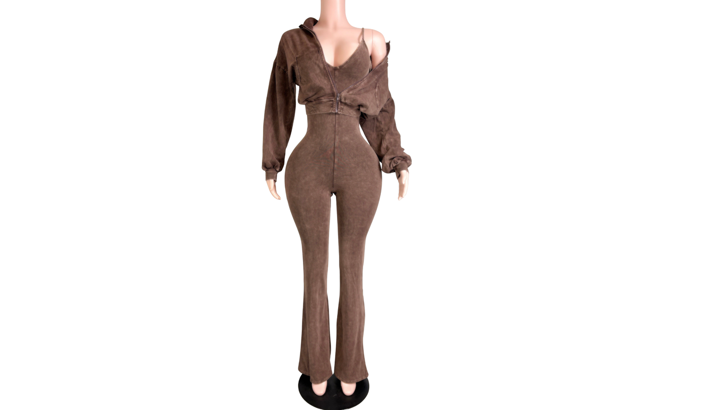 "Pre-Order" Cocoa Two-Piece Jumpsuit & Zip-Up Jacket Set