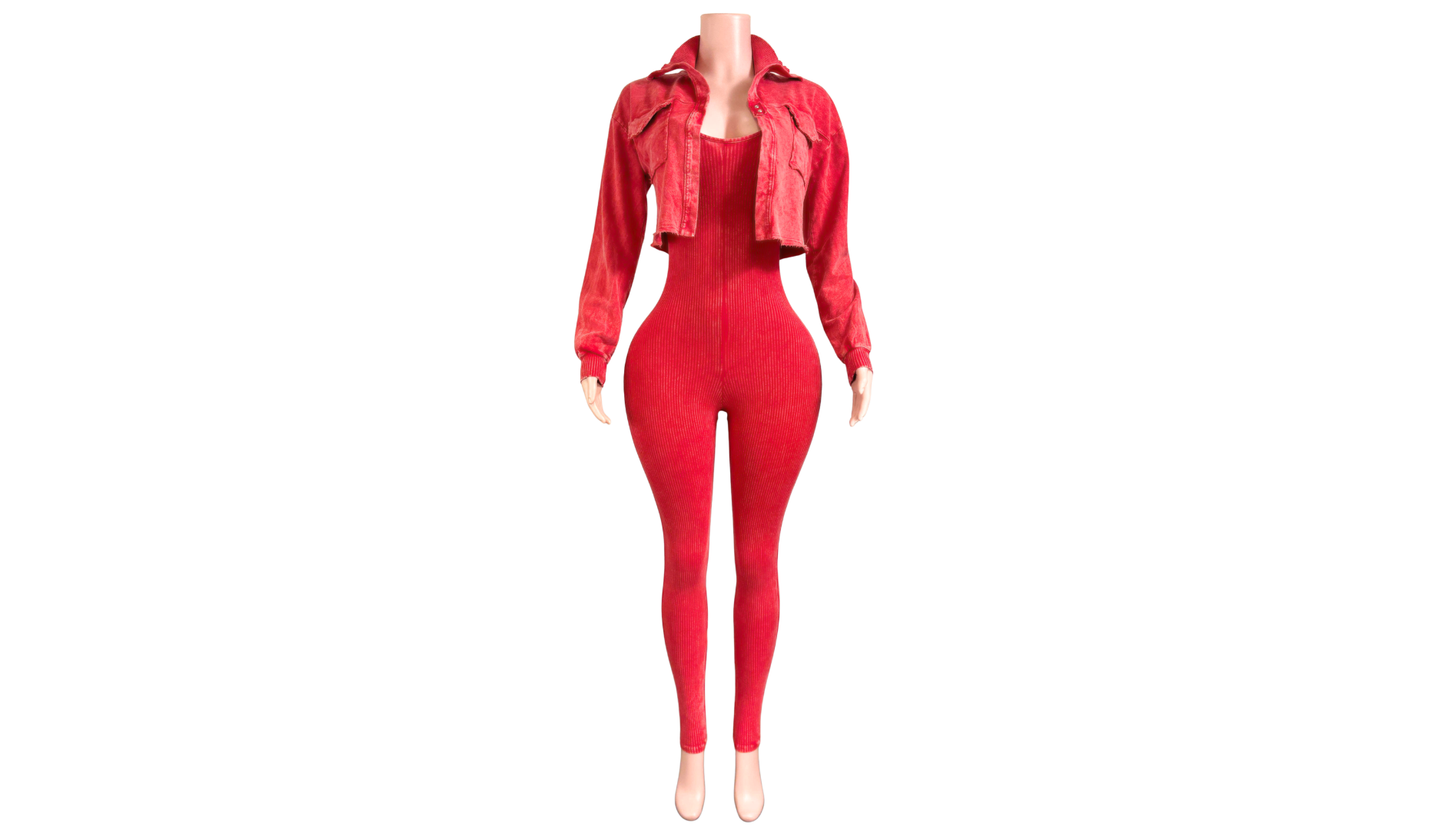 "Pre-Order" Red Two-Piece Jumpsuit & Jacket Set