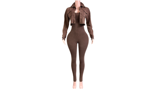 "Pre-Order" Brown Two-Piece Jumpsuit & Jacket Set