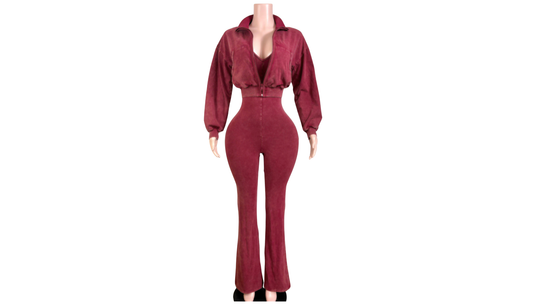 "Pre-Order" Red Wine Two-Piece Jumpsuit & Zip-Up Jacket Set