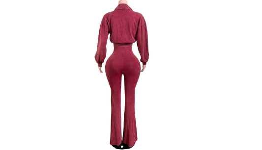 "Pre-Order" Red Wine Two-Piece Jumpsuit & Zip-Up Jacket Set