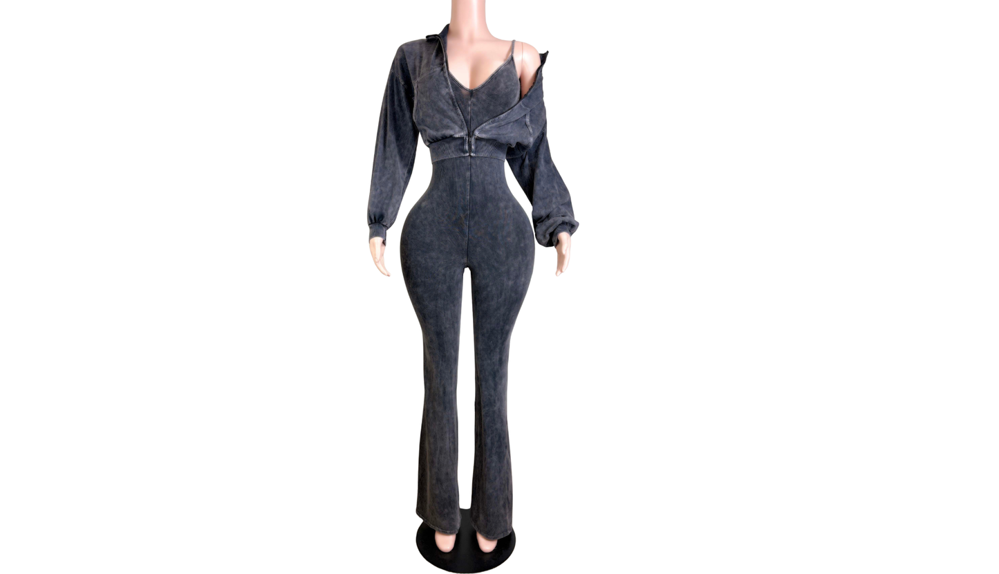 "Pre-Order" Black Wine Two-Piece Jumpsuit & Zip-Up Jacket Set