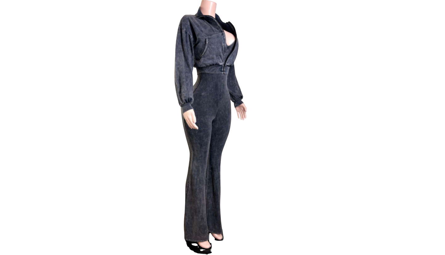 "Pre-Order" Black Wine Two-Piece Jumpsuit & Zip-Up Jacket Set