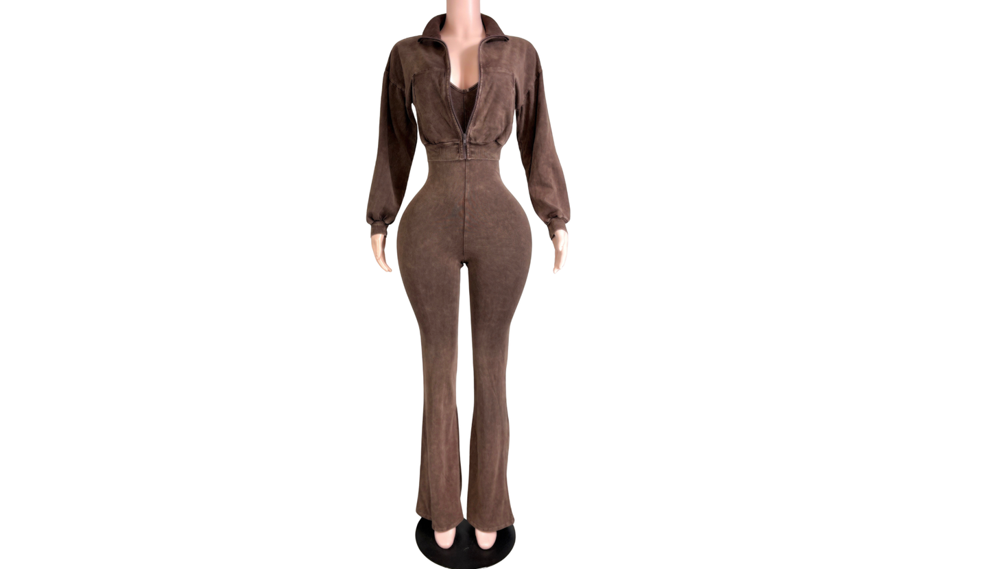 "Pre-Order" Cocoa Two-Piece Jumpsuit & Zip-Up Jacket Set