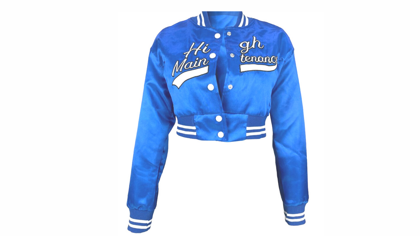 "High Maintenance" - Cropped Blue Bomber Jacket